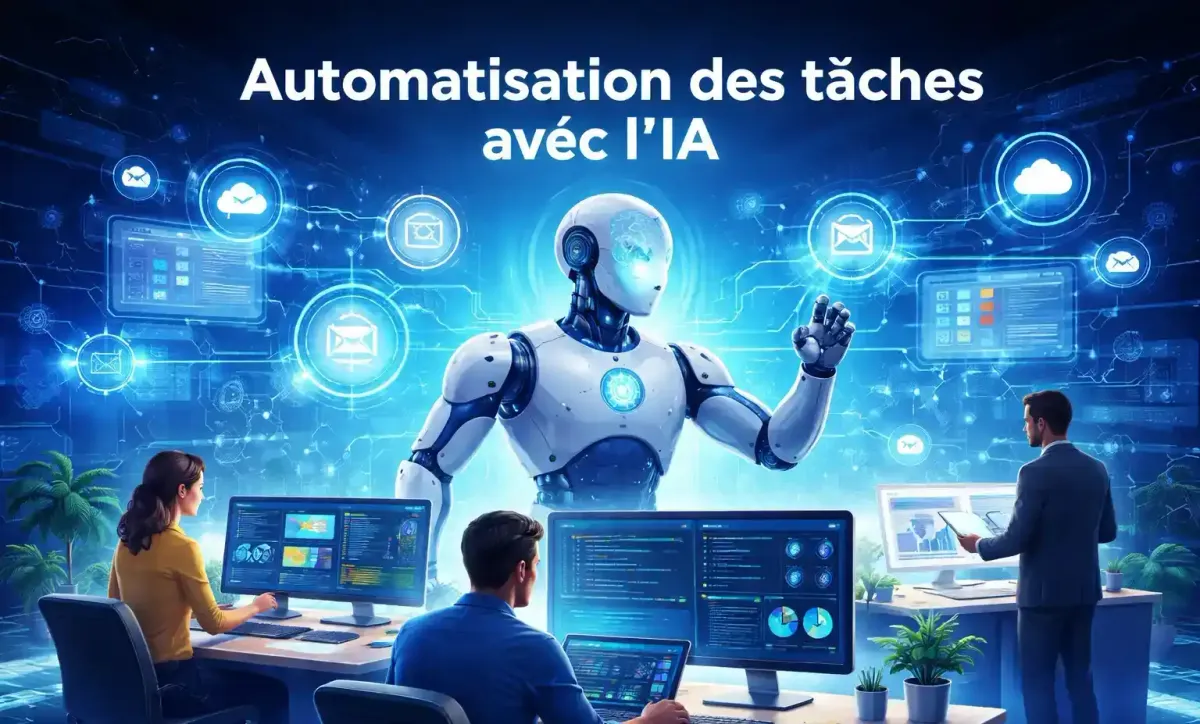 Automatisation des tâches avec l'IA - Illustration montrant un robot assistant un professionnel