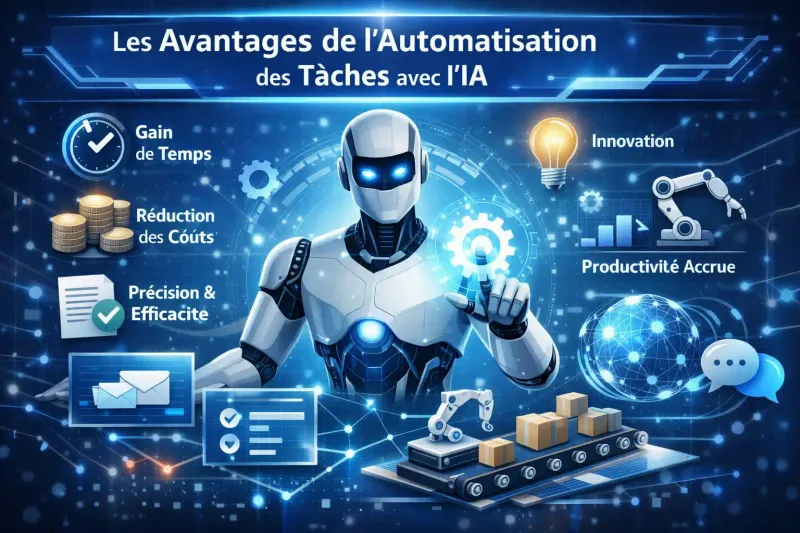 Infographie montrant les avantages de l'automatisation avec l'IA : gain de temps, productivité, précision